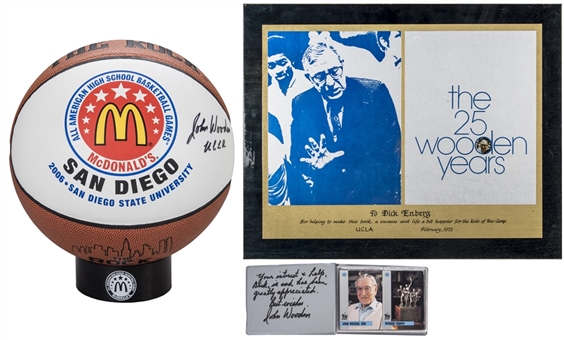 Lot of (3) John Wooden Signed & Inscribed Basketball & Trading Cards Booklet With 1973 "The 25 Wooden Years" Plaque Presented To Dick Enberg (Letter of Provenance, Beckett & JSA)
